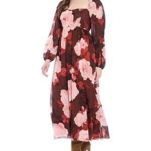 London Times Floral Long Sleeve Dress - Red and Pink